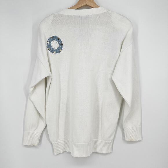 Vtg 80s Something More Sweater Embellished Medium White Gold Star USA Studded - Picture 2 of 11